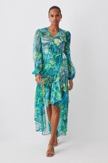 Green Tropical Printed Plunge Woven Beach Drama Maxi Dress