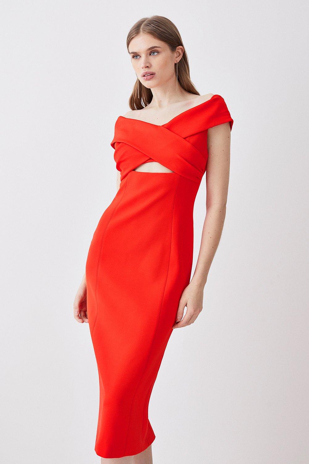 Italian Structured Jersey Off The Shoulder Pencil Midi Dress