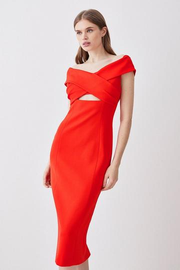 Italian Structured Jersey Bardot Pencil Midi Dress red