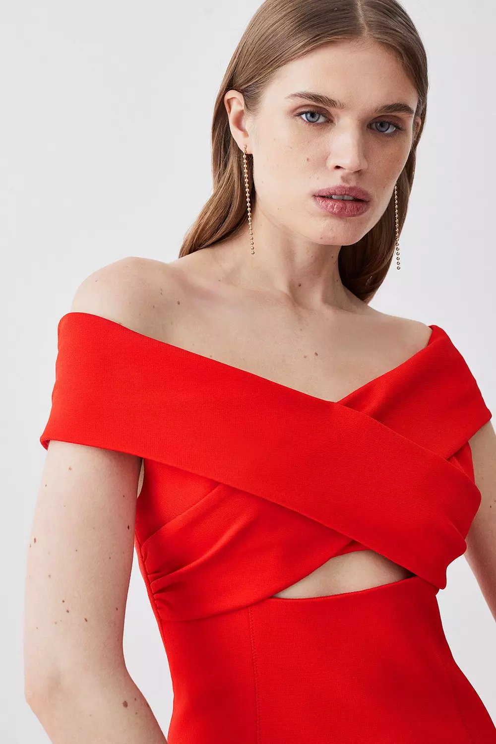 Italian Structured Jersey Off The Shoulder Pencil Midi Dress