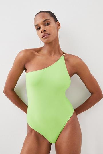 Green One Shoulder Chain Strap Cut Out Swimsuit