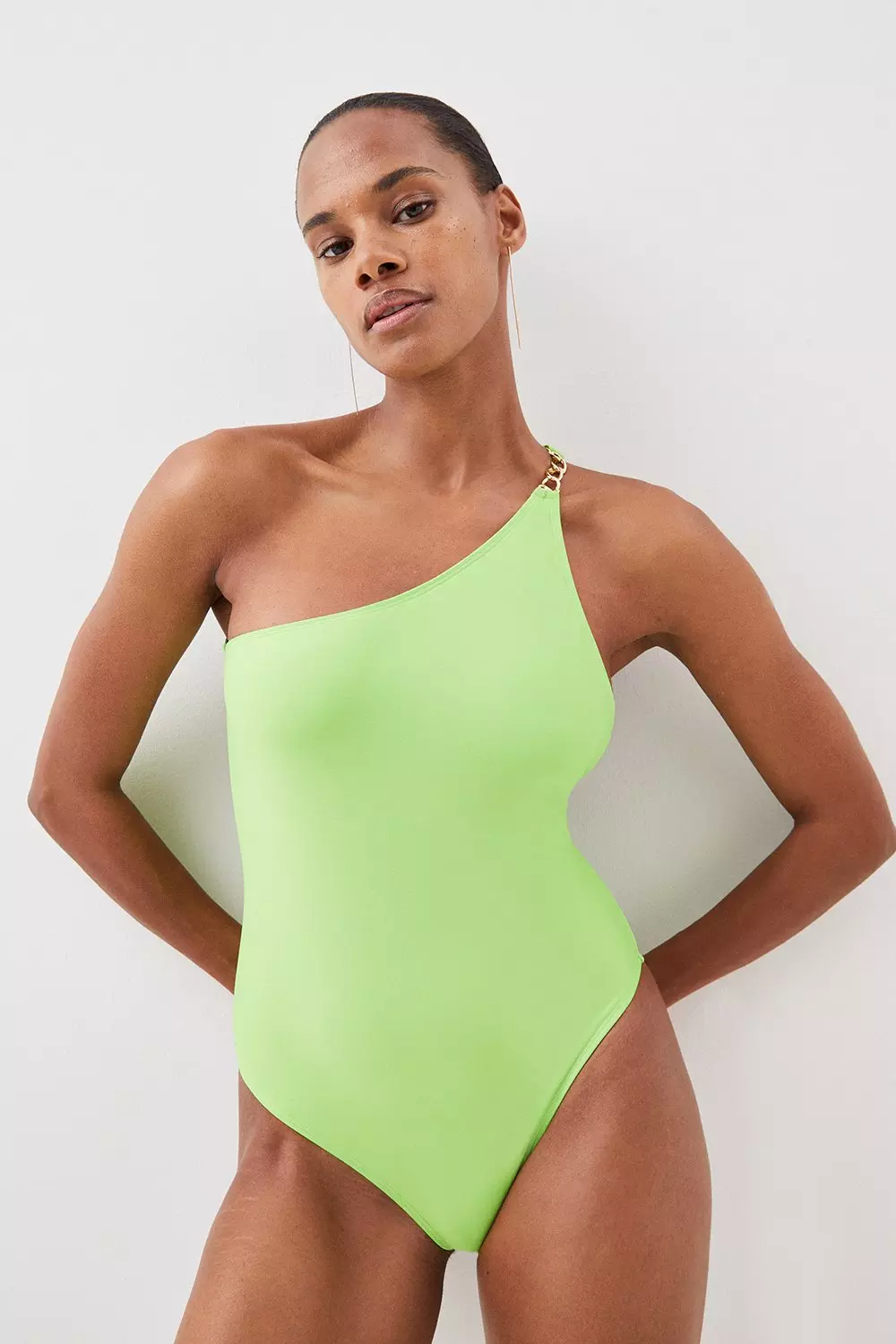 One Shoulder Chain Strap Cut Out Swimsuit | Karen Millen