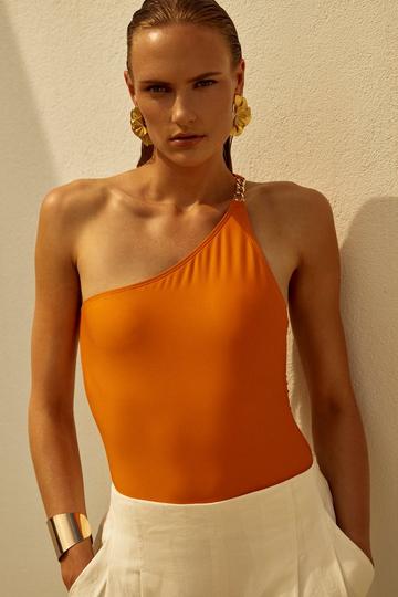 One Shoulder Chain Strap Cut Out Swimsuit orange