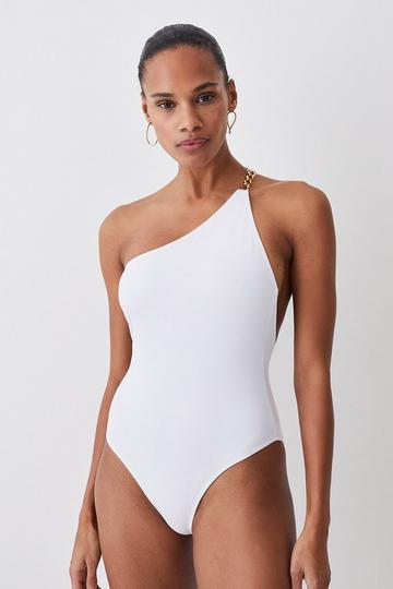 White One Shoulder Chain Strap Cut Out Swimsuit
