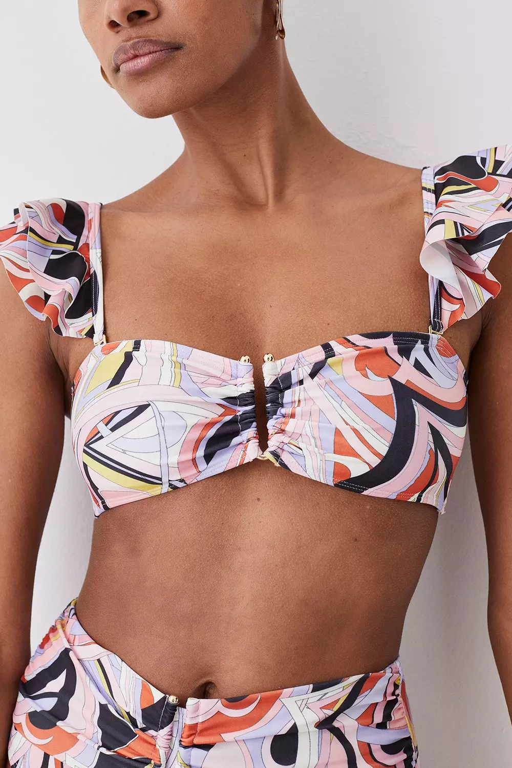 Abstract Print Ruffle Bikini Top With Detachable Straps | Karen Millen