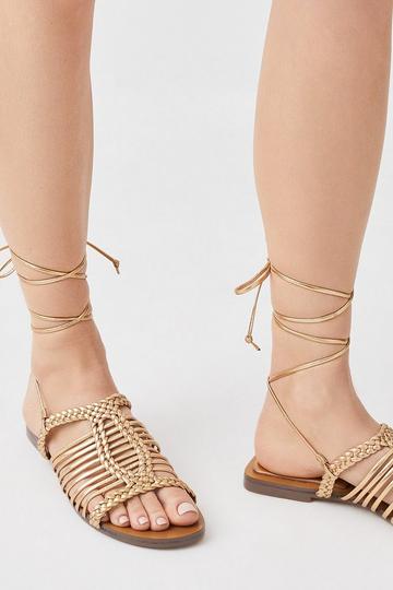 Leather Tie Up Strappy Sandal gold