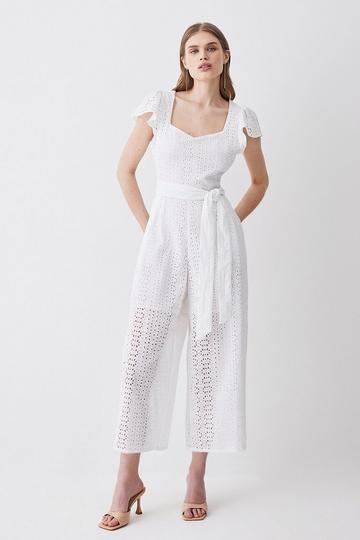 White Cotton Broderie Belted Wide Leg Jumpsuit