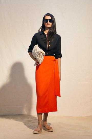 Linen Viscose Woven Wrap Tie Skirt orange