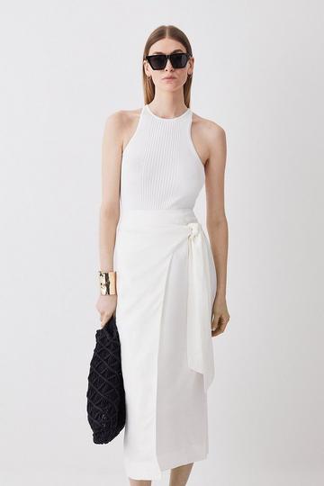 Linen Viscose Woven Wrap Tie Skirt white