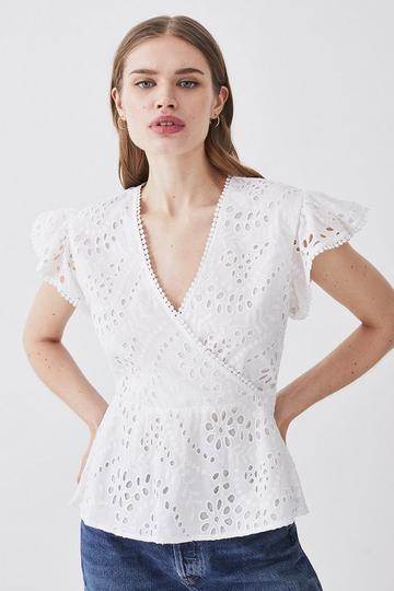 White Cotton Broderie Ruffle Woven Sleeve Top
