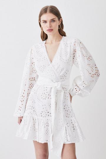 White Cotton Broderie Woven Wrap Mini Dress