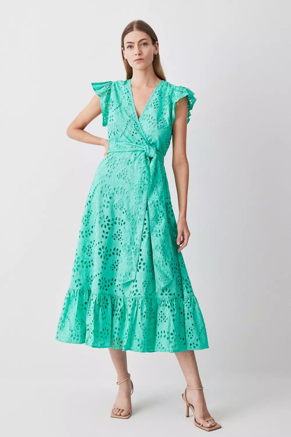 Cotton Broderie Ruffle Sleeve Belted Woven Midi Dress