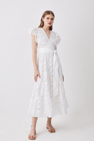 White Cotton Broderie Ruffle Sleeve Belted Midi Dress