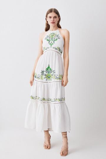 Embroidered Viscose Linen Strappy Midi Dress neutral
