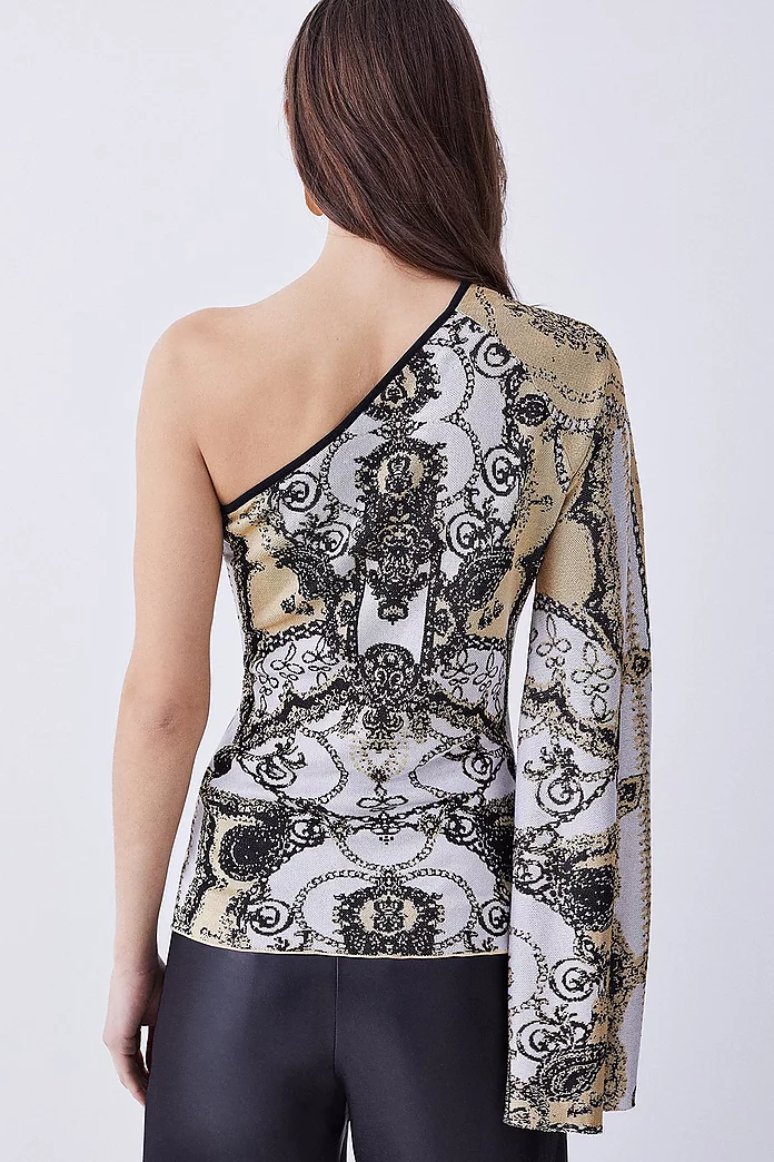 Slinky Jacquard One Shoulder Kimono Sleeve Knitted Top | Karen Millen