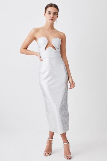 Silver Petite Foiled Bandage Corset Detail Knit Midi Dress