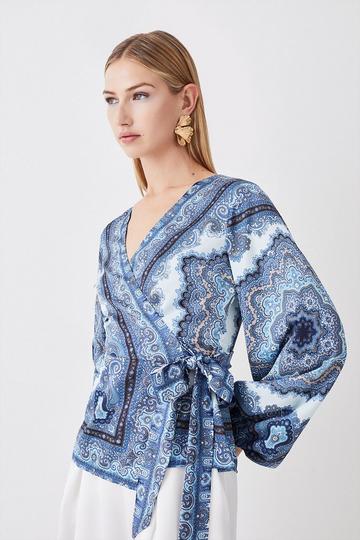 Blue Scarf Printed Hammered Satin Woven Wrap Top