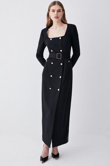 Compact Viscose Tux Sleeved Belted Maxi Dress black