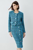 Blue Italian Check Boucle Tailored Collarless Jacket 