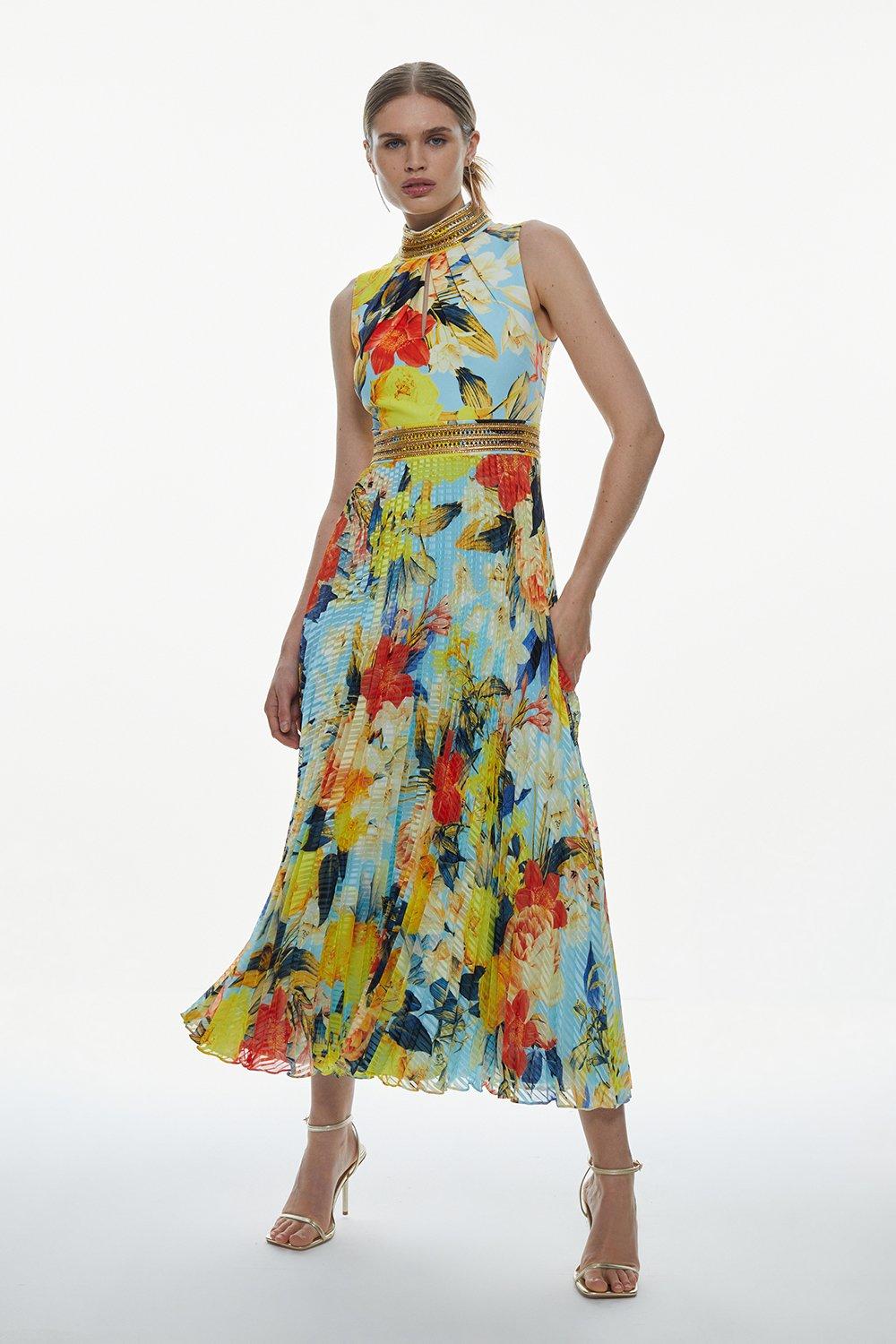 Karen millen yellow shop pleated floral midi dress