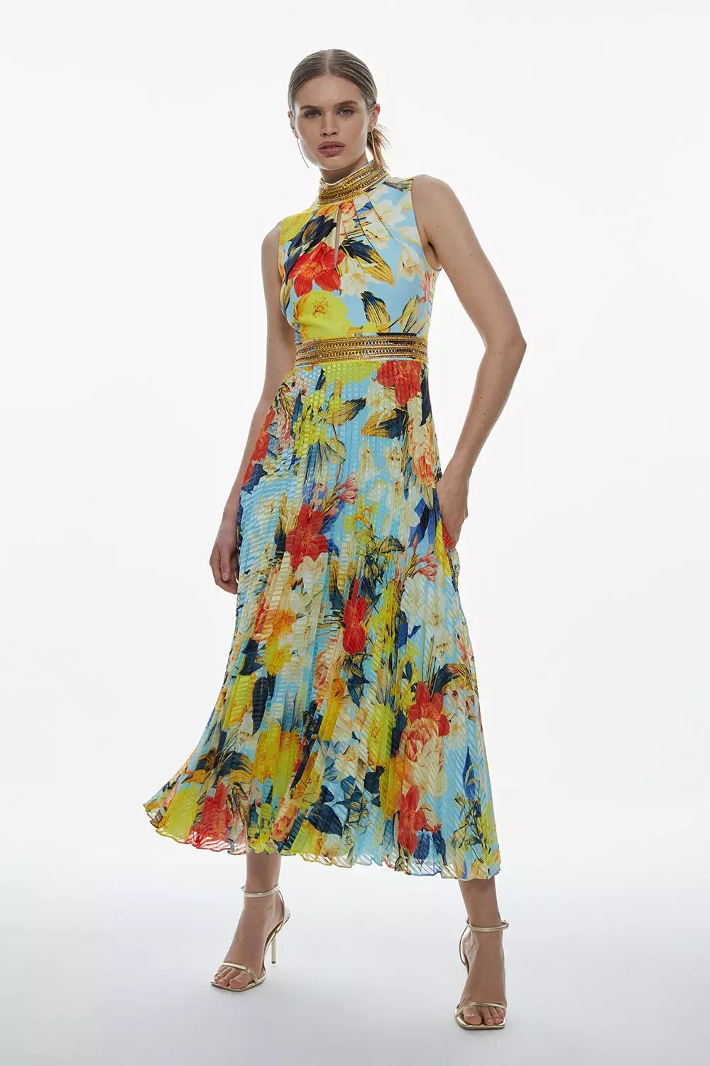 Karen millen yellow pleated floral hot sale midi dress