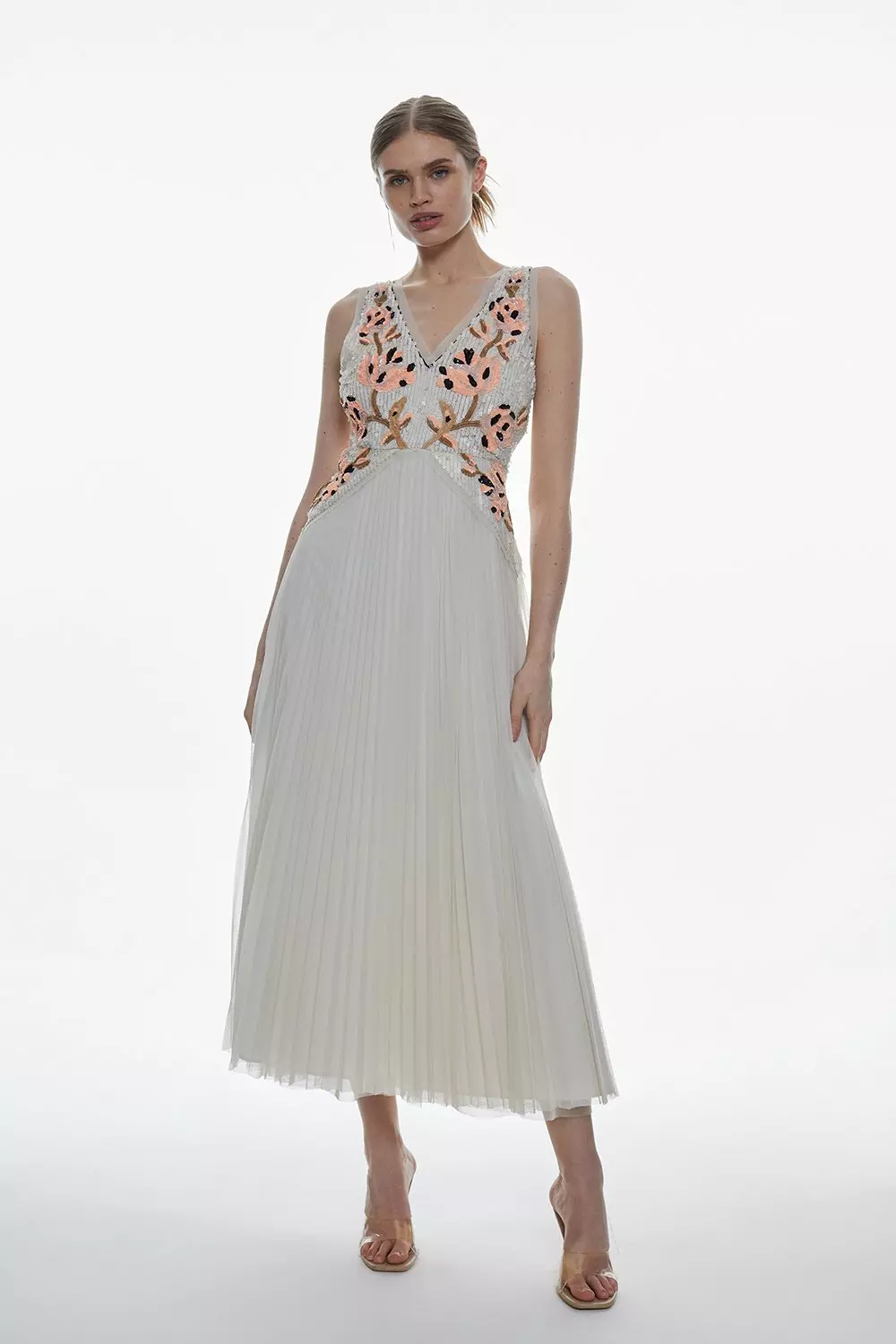 Floral Embellished Pleated Tulle Midi Dress | Karen Millen