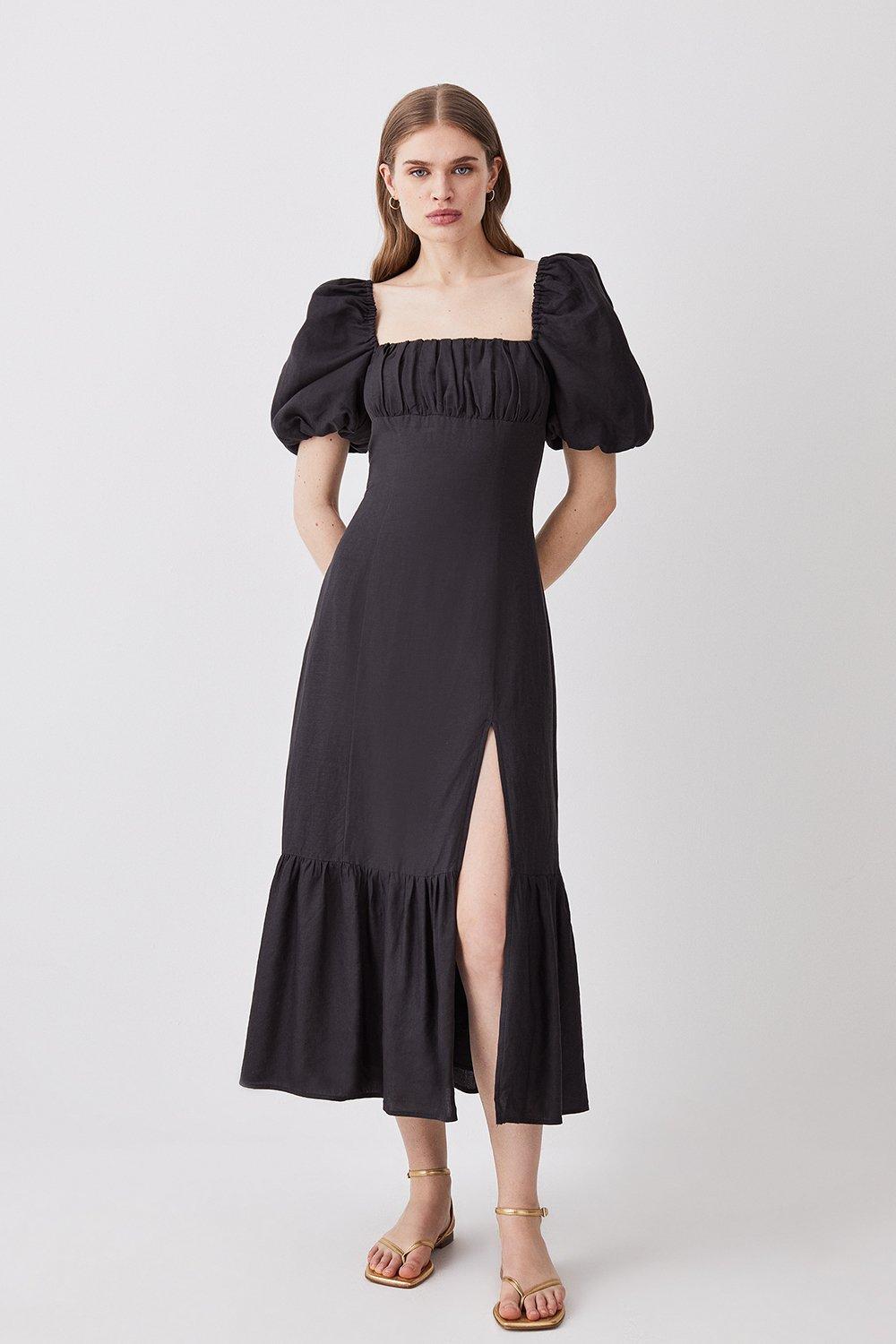 Linen Viscose Puff Sleeve Midi Sundress - Black