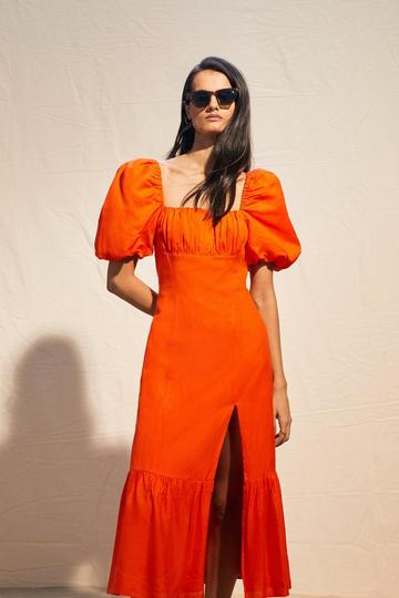 Linen Viscose Puff Sleeve Midi Sundress orange