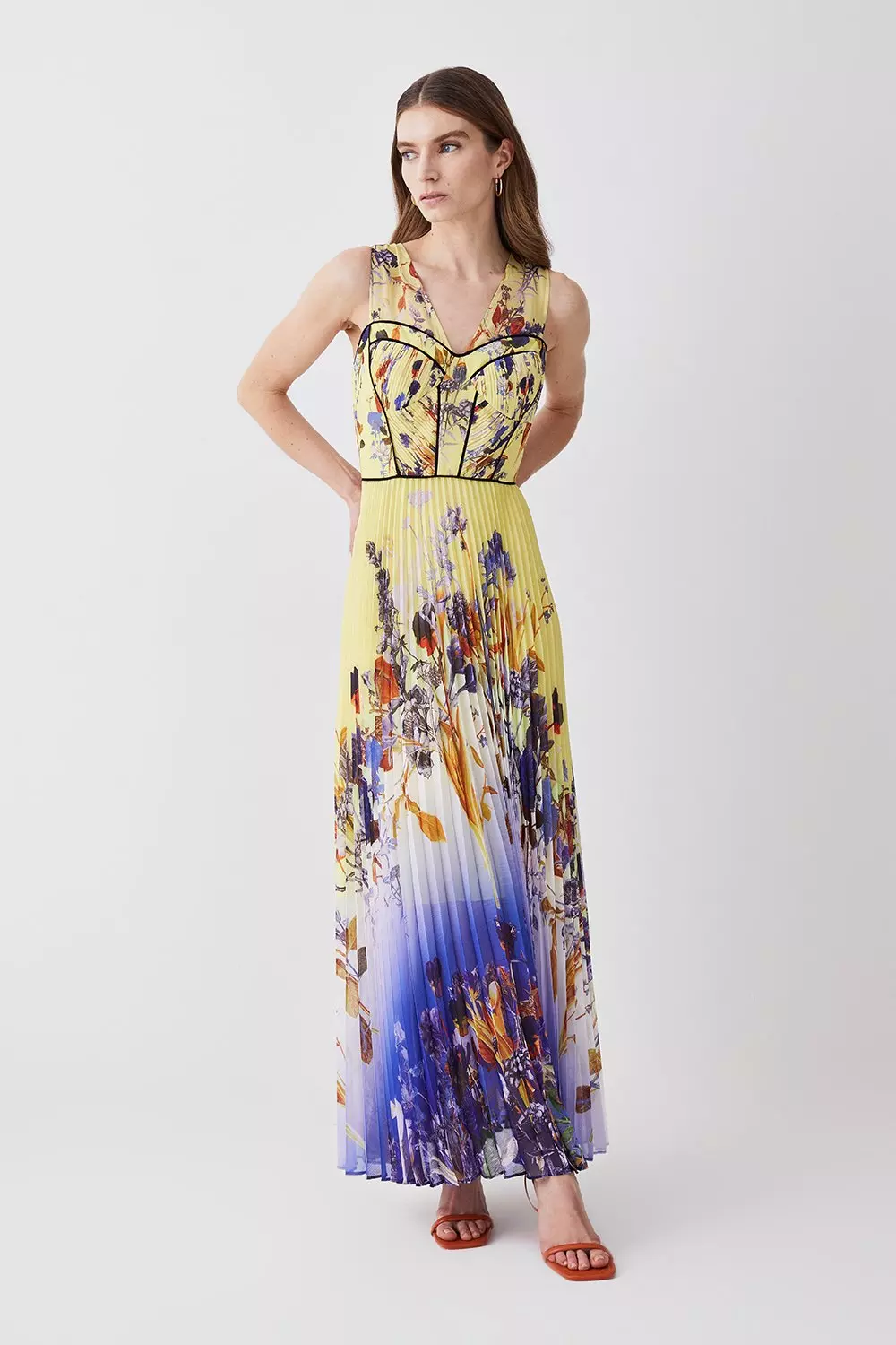 Karen millen yellow pleated floral sale midi dress