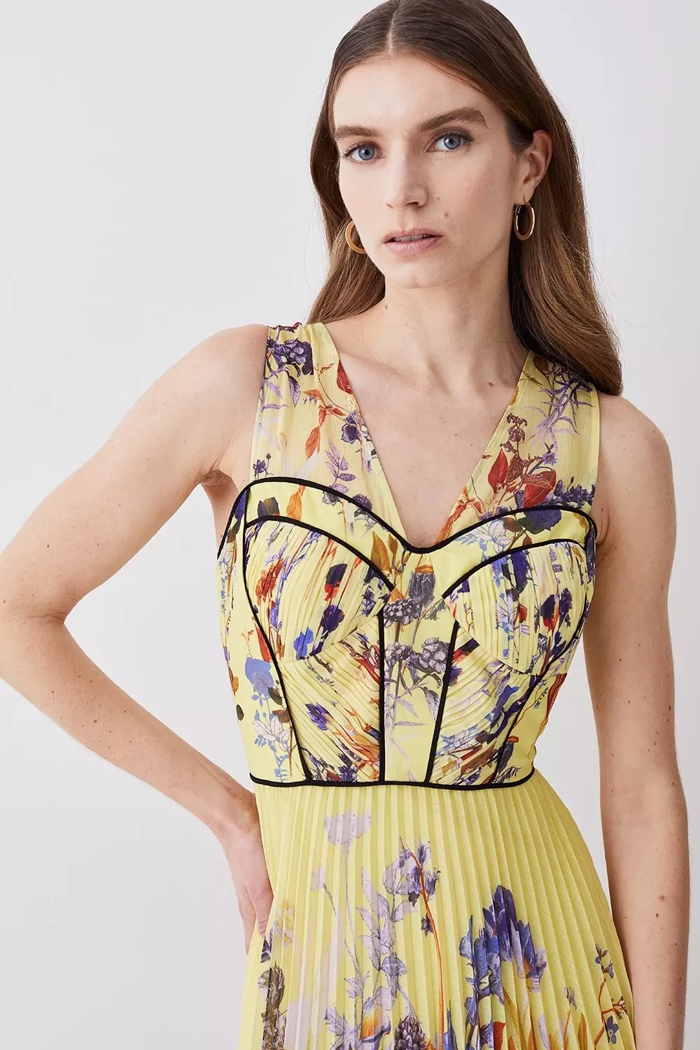 Karen millen yellow pleated floral sale midi dress