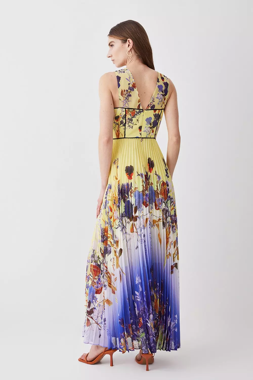 Karen millen yellow pleated floral midi dress sale