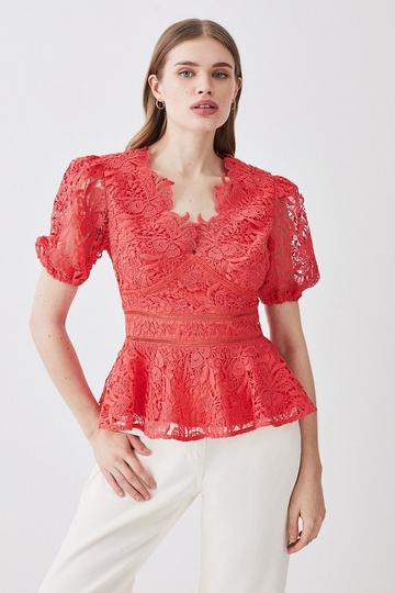 Tall Guipure Lace V Neck Woven Top coral