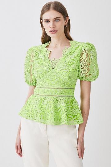 Guipure Lace V Neck Woven Top lime