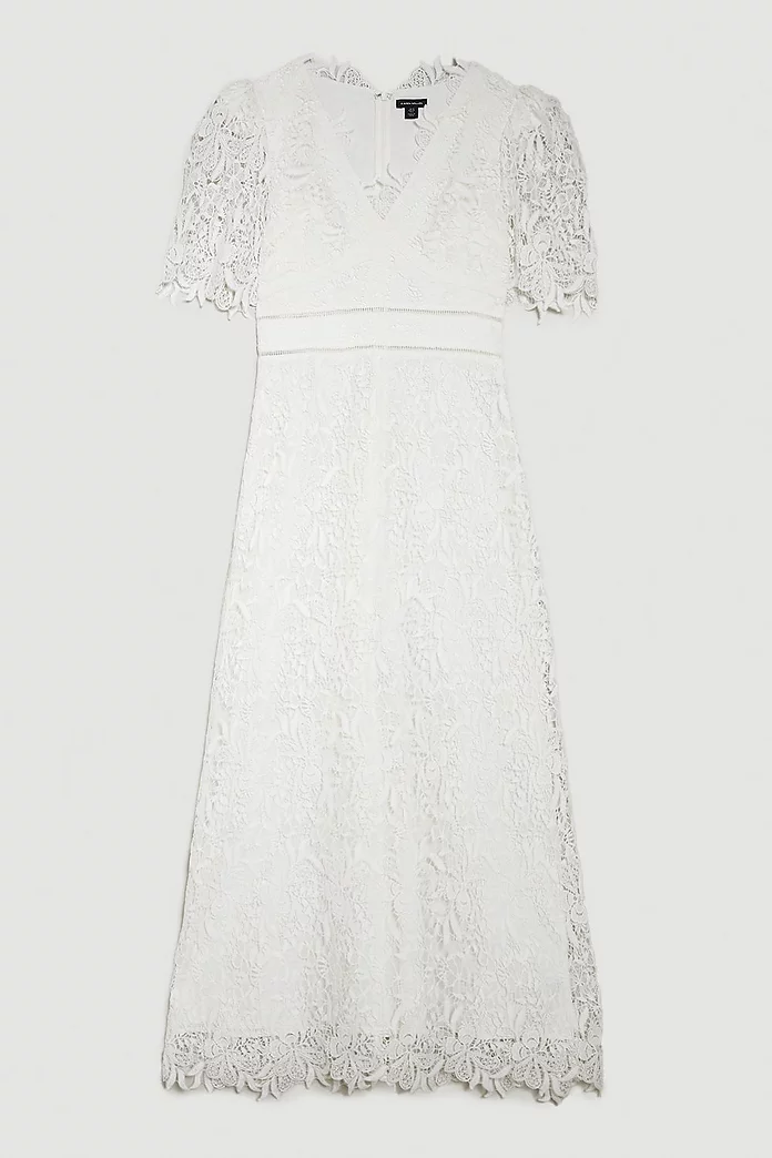 Petite Guipure Lace Flute Sleeved Woven Maxi Dress