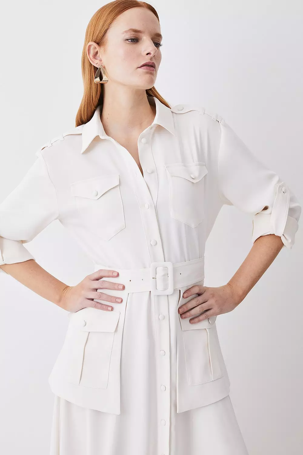 Cream Denim Belted Midi Shirt Dress - Blush Boutique