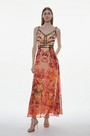 Red Tall Beaded And Embroidery Woven Midi Dress