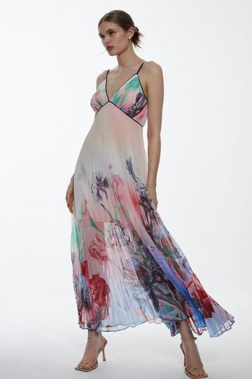 Multi Strappy Pleated Floral Printed Woven Maxi Dress
