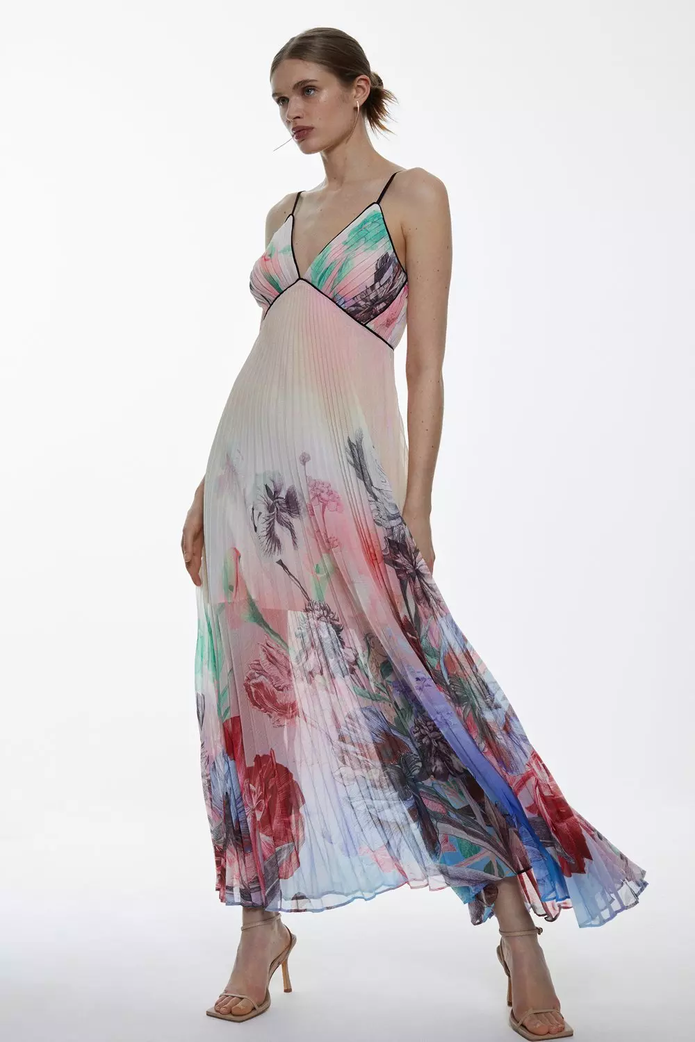 Strappy Pleated Floral Printed Woven Maxi Dress Karen Millen