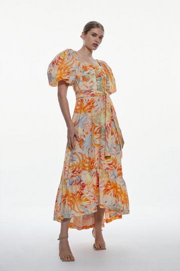 Floral Multi Cotton Top Stitch High Low Midi Dress