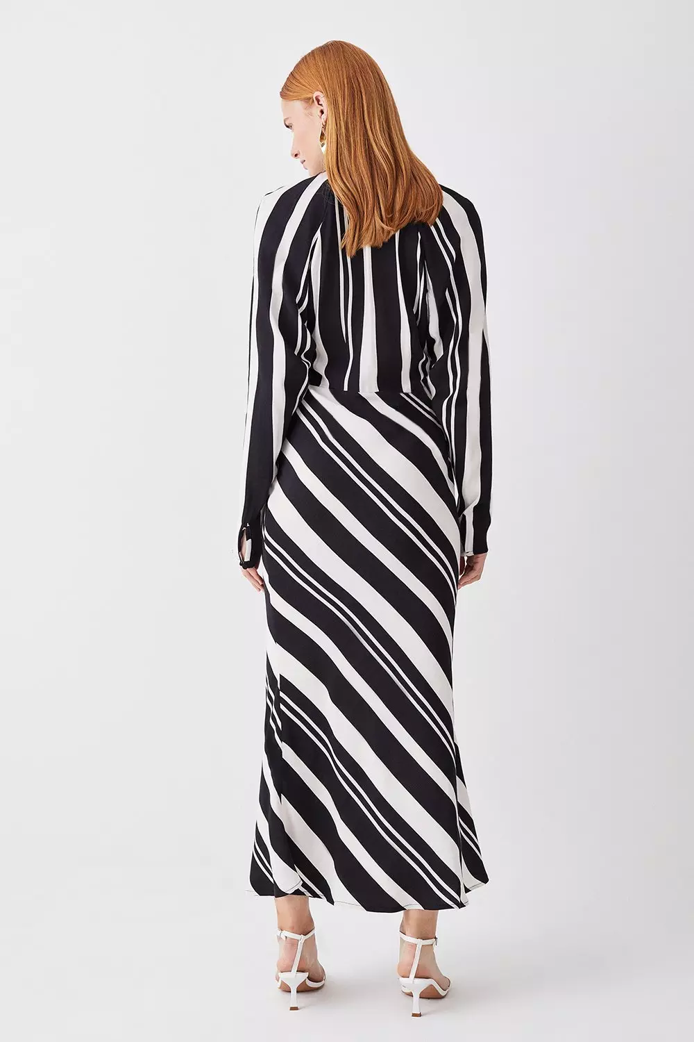 Mixed Stripe Collared Batwing Midi Dress