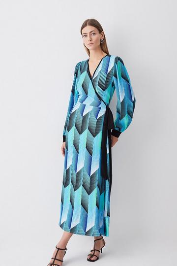 Blue Geo Print Woven Wrap Midi Dress