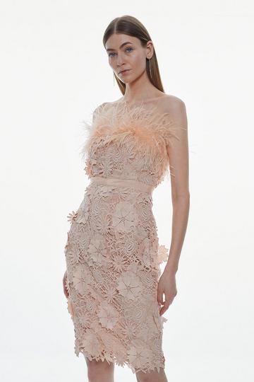 Lace Feather Bardot Woven Midi Dress neutral