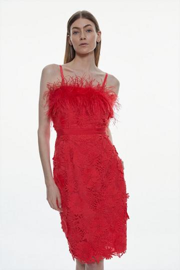 Red Lace Feather Bardot Woven Midi Dress