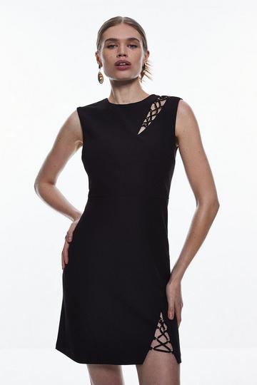 Black Scuba Crepe Lace Up Detail Woven Mini Dress