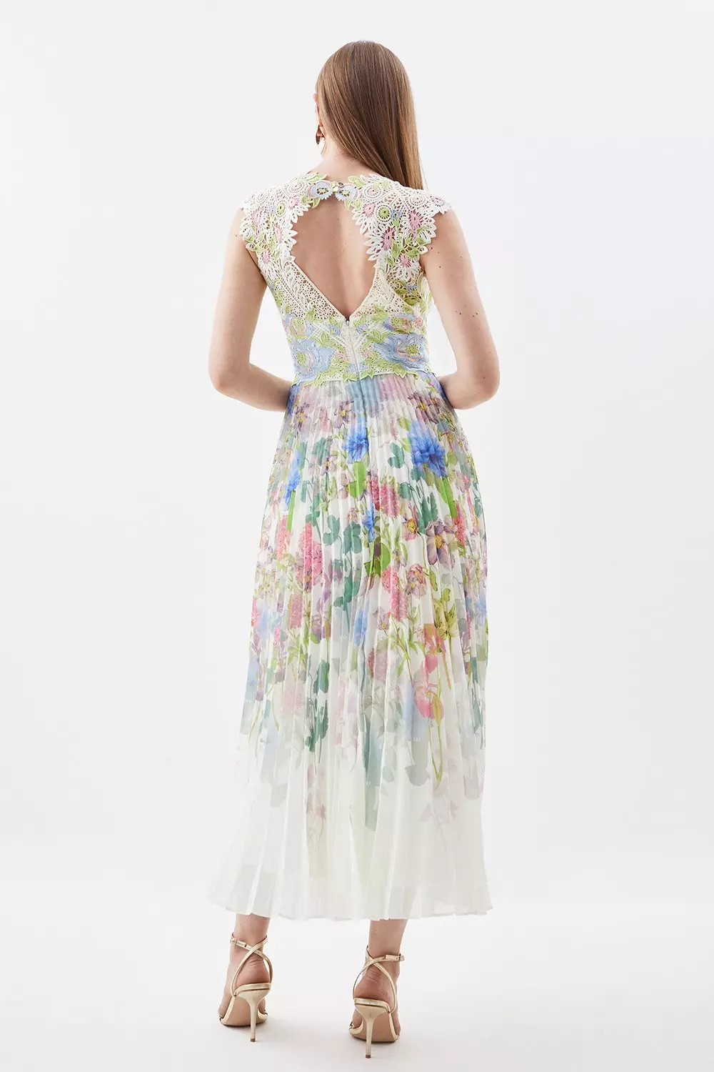 Petite Metallic Guipure Lace Placed Floral Pleat Midi Dress | Karen Millen