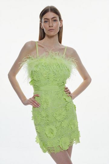Lace Feather Off The Shoulder Woven Mini Dress lime