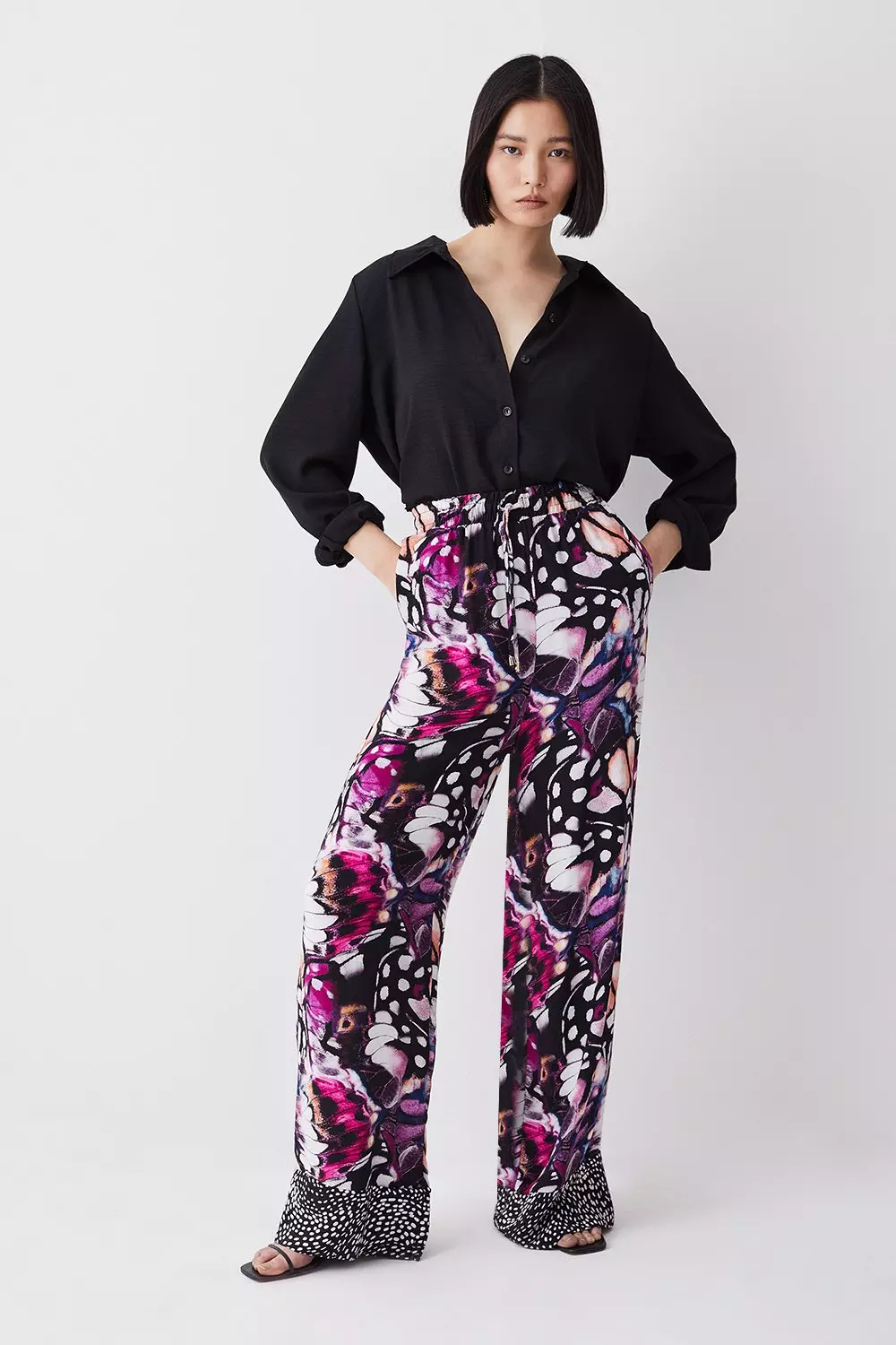 Butterfly Print Woven Wide Leg Pants