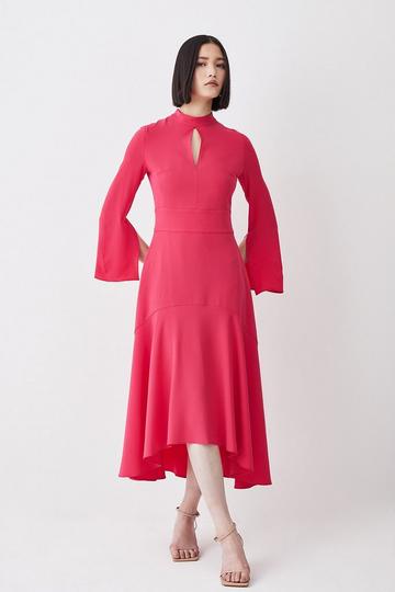 High Low Hem Long Sleeve Midi Dress bright pink