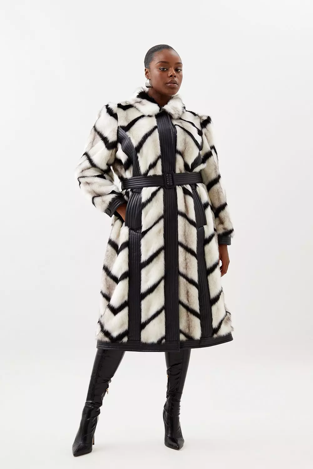 Panelled Stripe Faux Fur Pu Belted Long Coat