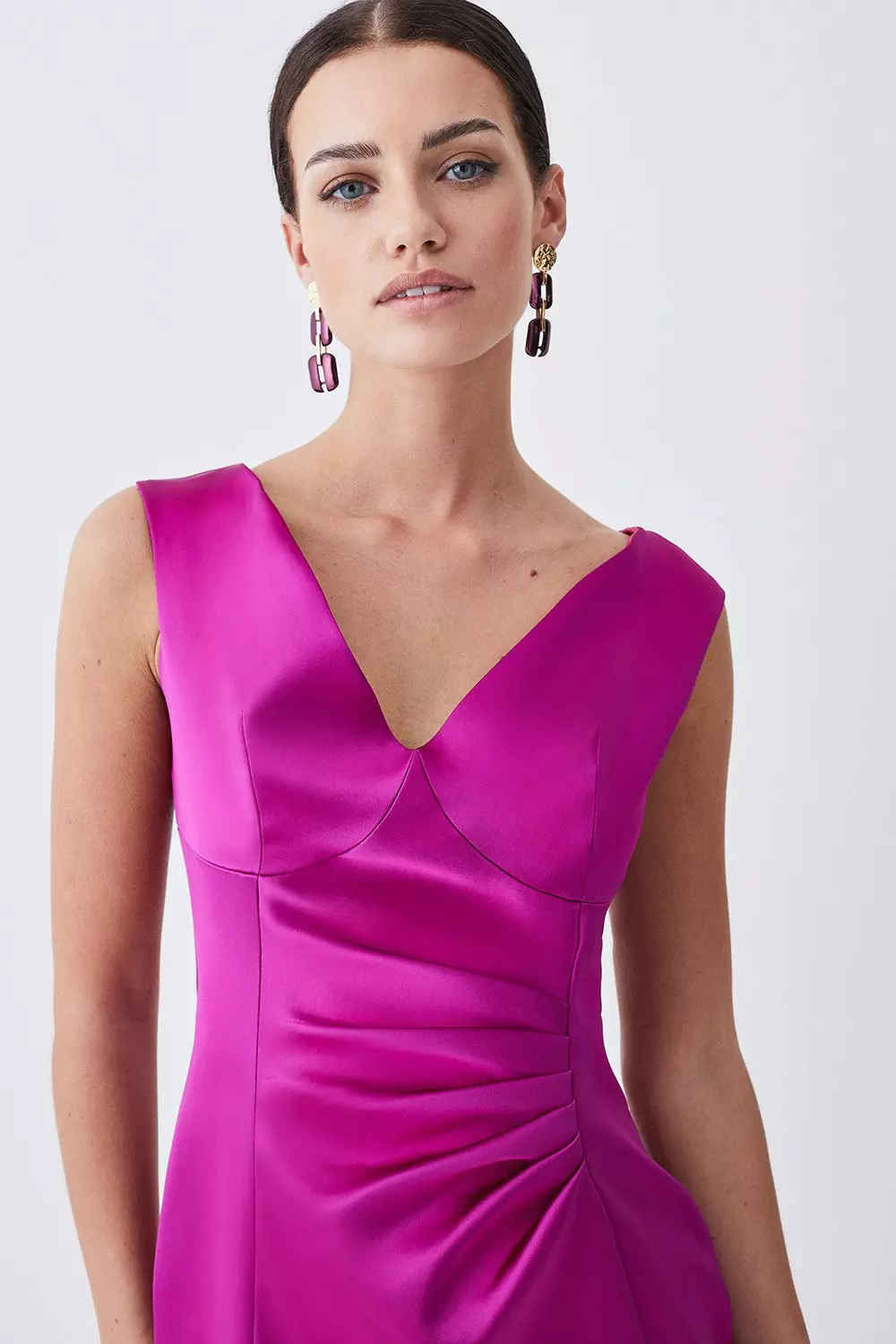 Italian Structured Satin Tailored Asymmetric Pencil Midi Dress